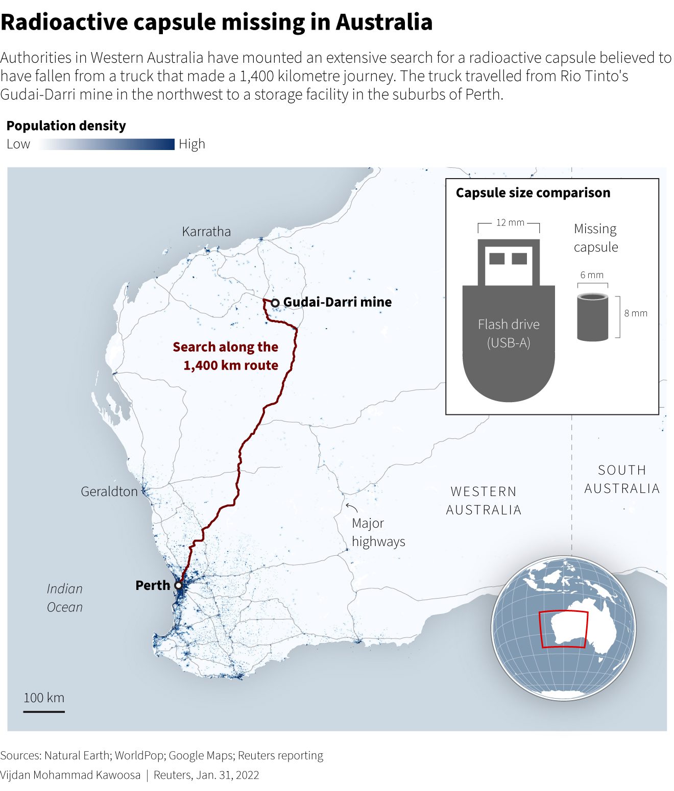 Las autoridades de Australia Occidental están buscando una cápsula radiactiva que se cree que se cayó de un camión que la transportaba el 12 de enero.