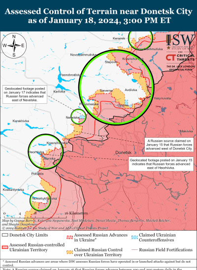 Mapa ISW que muestra el campo de batalla alrededor de la ciudad de Donetsk