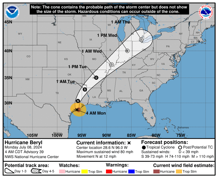 El huracán Beryl se desplazará a través del valle inferior del Mississippi hacia el valle de Ohio